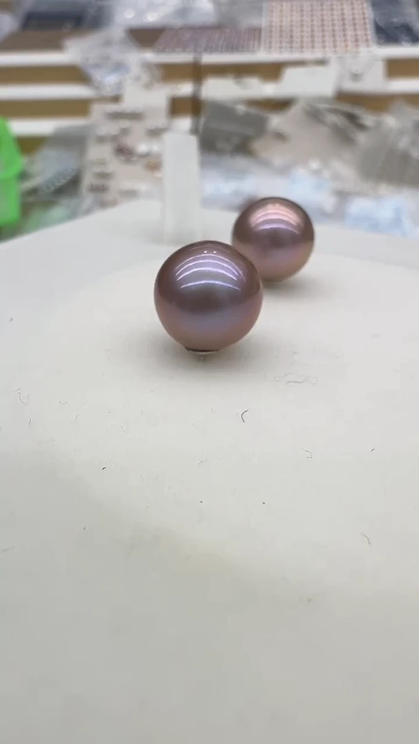 银S925镶嵌耳钉淡水珍珠10-11mm 紫珠耳钉
