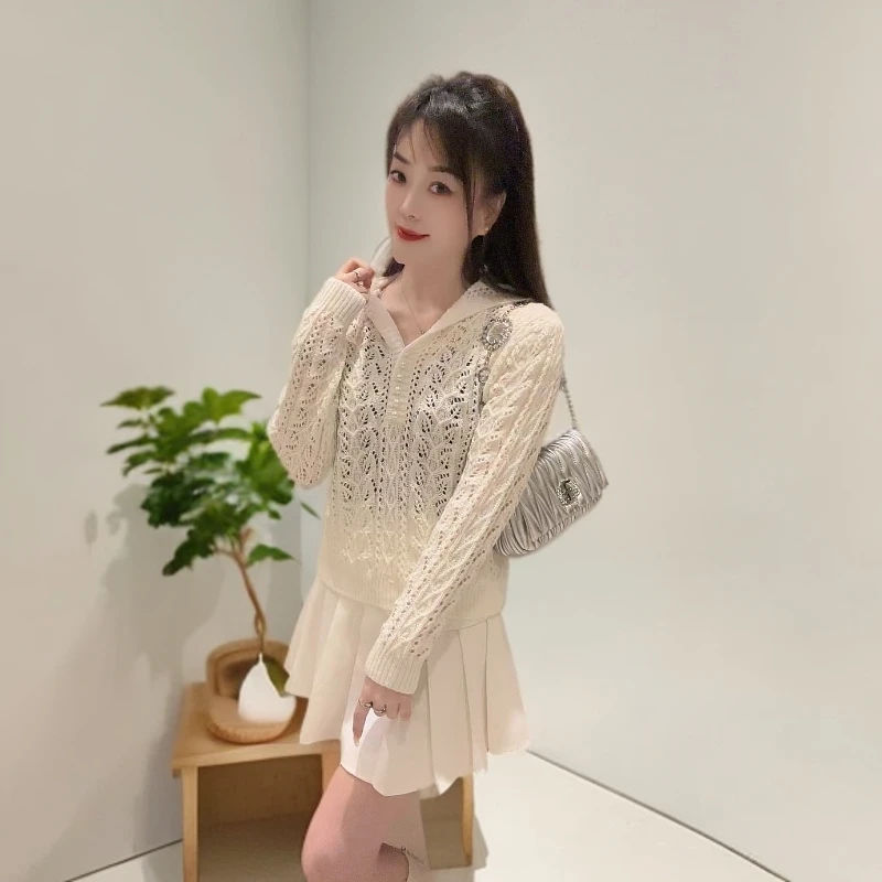 2025早春款钩花镂空连帽毛衣衫防晒罩衫宽松百搭长袖上衣显瘦毛衣