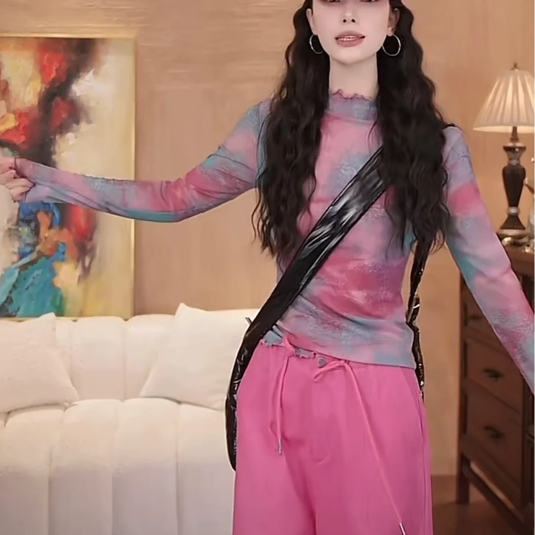 薄款冰丝扎染渐变色长袖t恤女装夏季2025新款木耳边防晒上衣修身