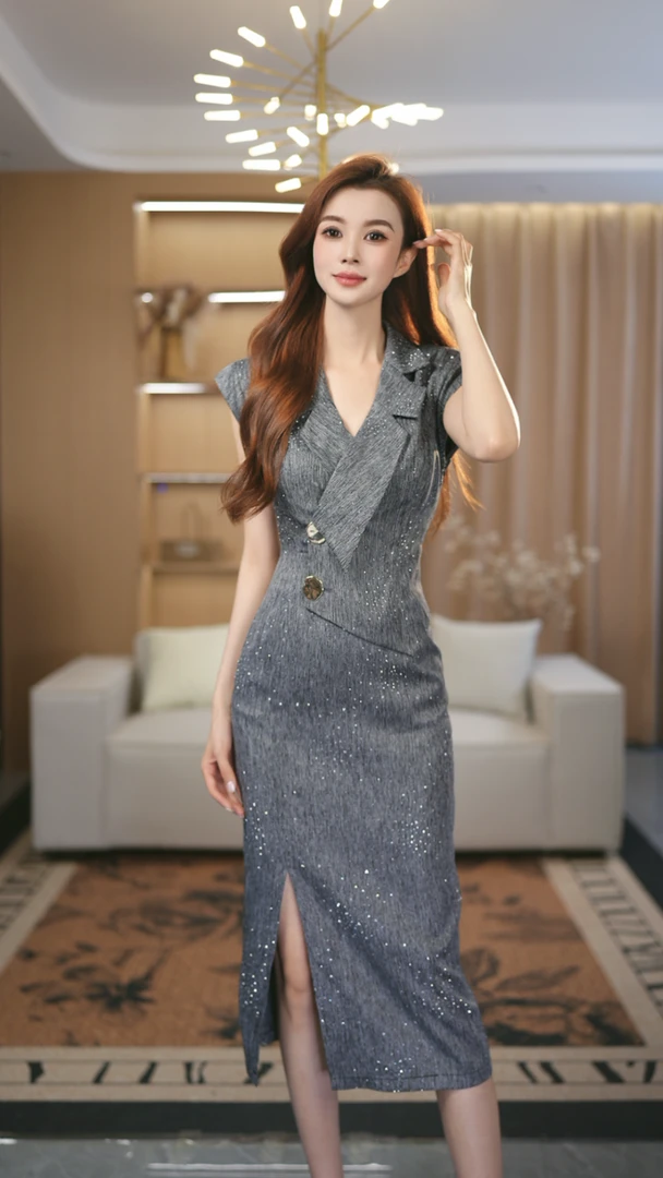 罗曼定制 高定灰色夏季新款短袖气质收腰西装领包臀连衣裙女2025