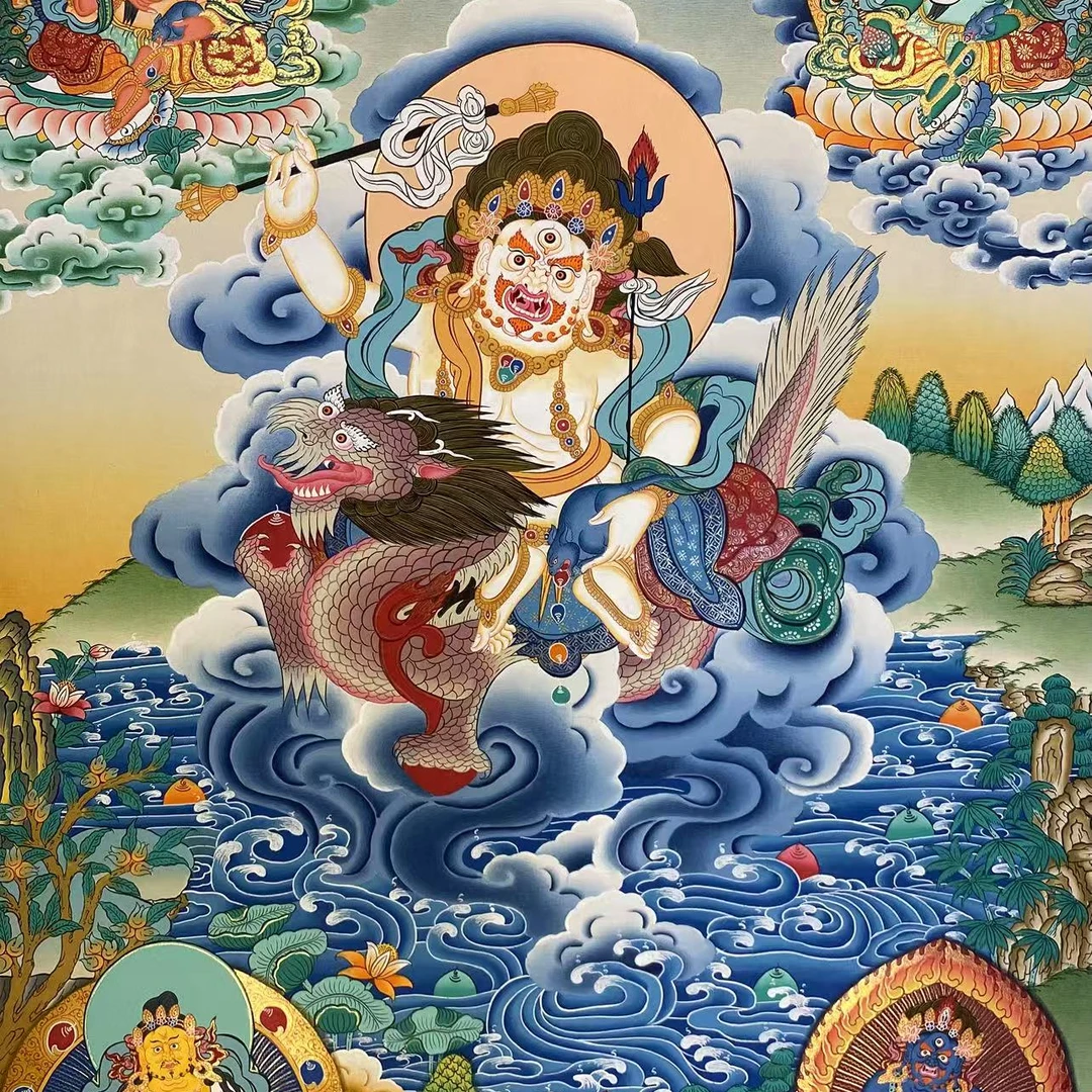 精品彩唐白财神唐卡纯手绘细节精品多尊尺寸75*50天花板