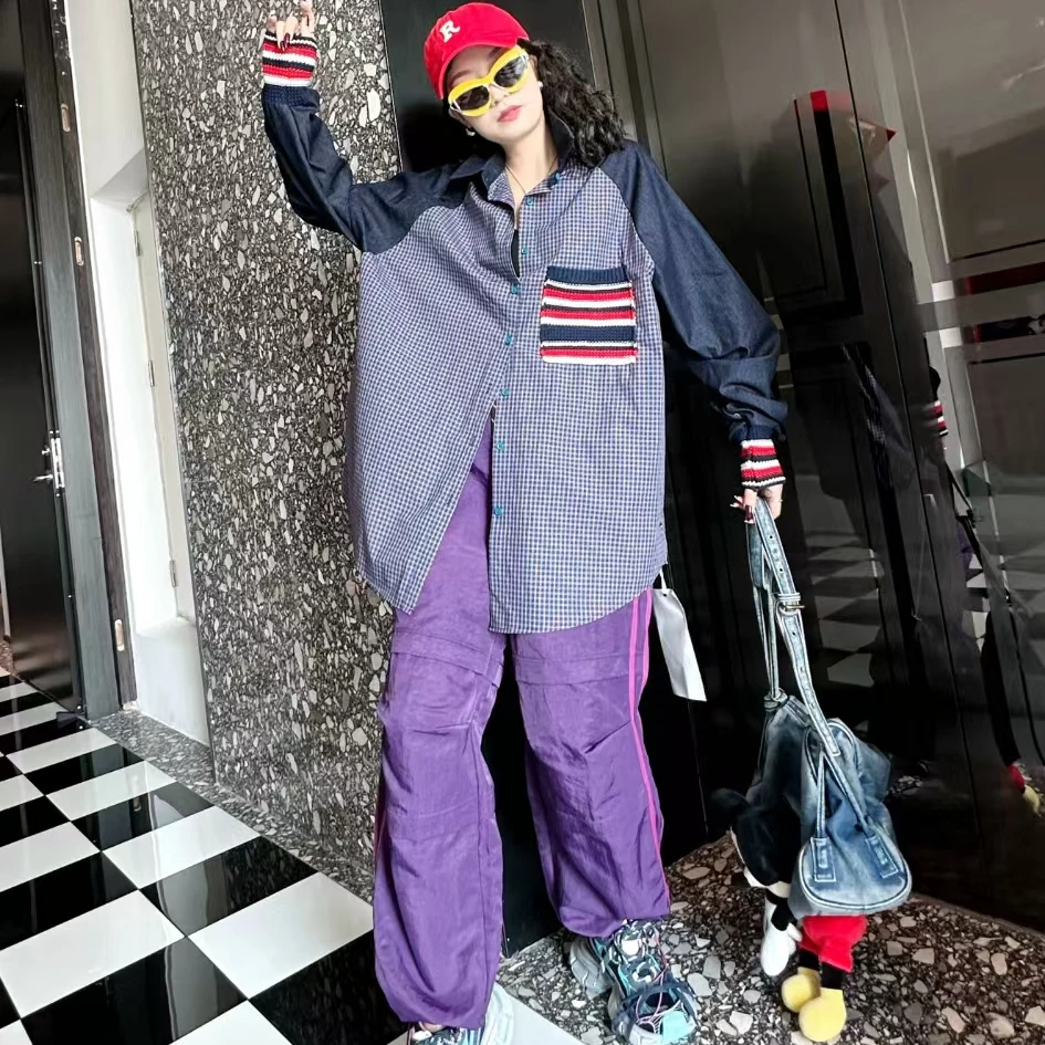 2025春秋薄款韩版时尚宽松格子洋气衣服女拼接袖开衫衬衫5788