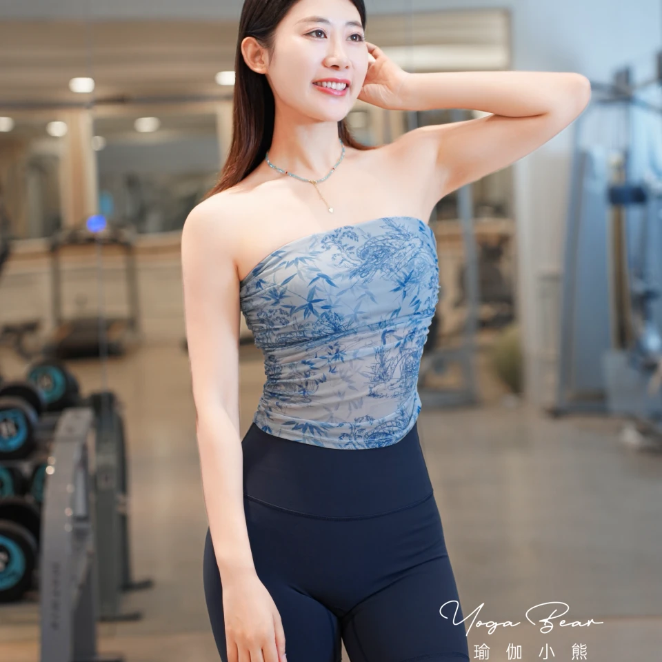 [高质感-辣妹国风印染网纱带胸垫抹胸]运动普拉提瑜伽外穿上衣女