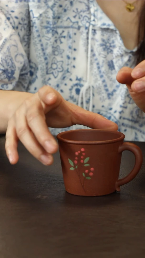 茶杯紫砂老段泥把杯泥绘冬青