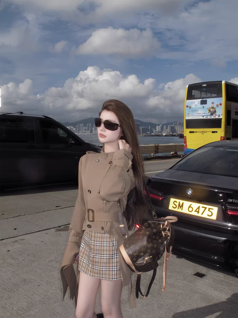 高级感气质修身风衣外套上衣女2025早秋新款显瘦半身裙套装