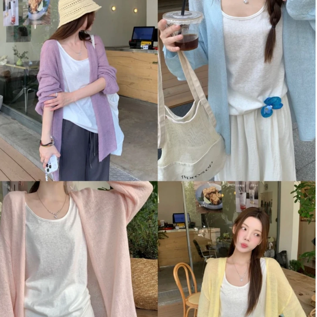 奶油衫新款灯笼袖空调衫薄款微透开衫毛衣针织女宽松百搭显瘦上衣