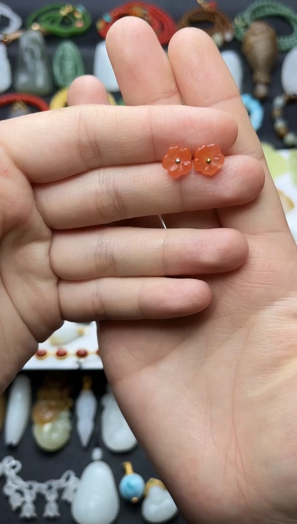 银S925镶嵌耳饰南红玛瑙花花耳钉06