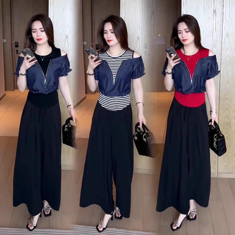时尚套装女2025夏季新款洋气减龄假两件短袖露肩上衣阔腿裤两件套