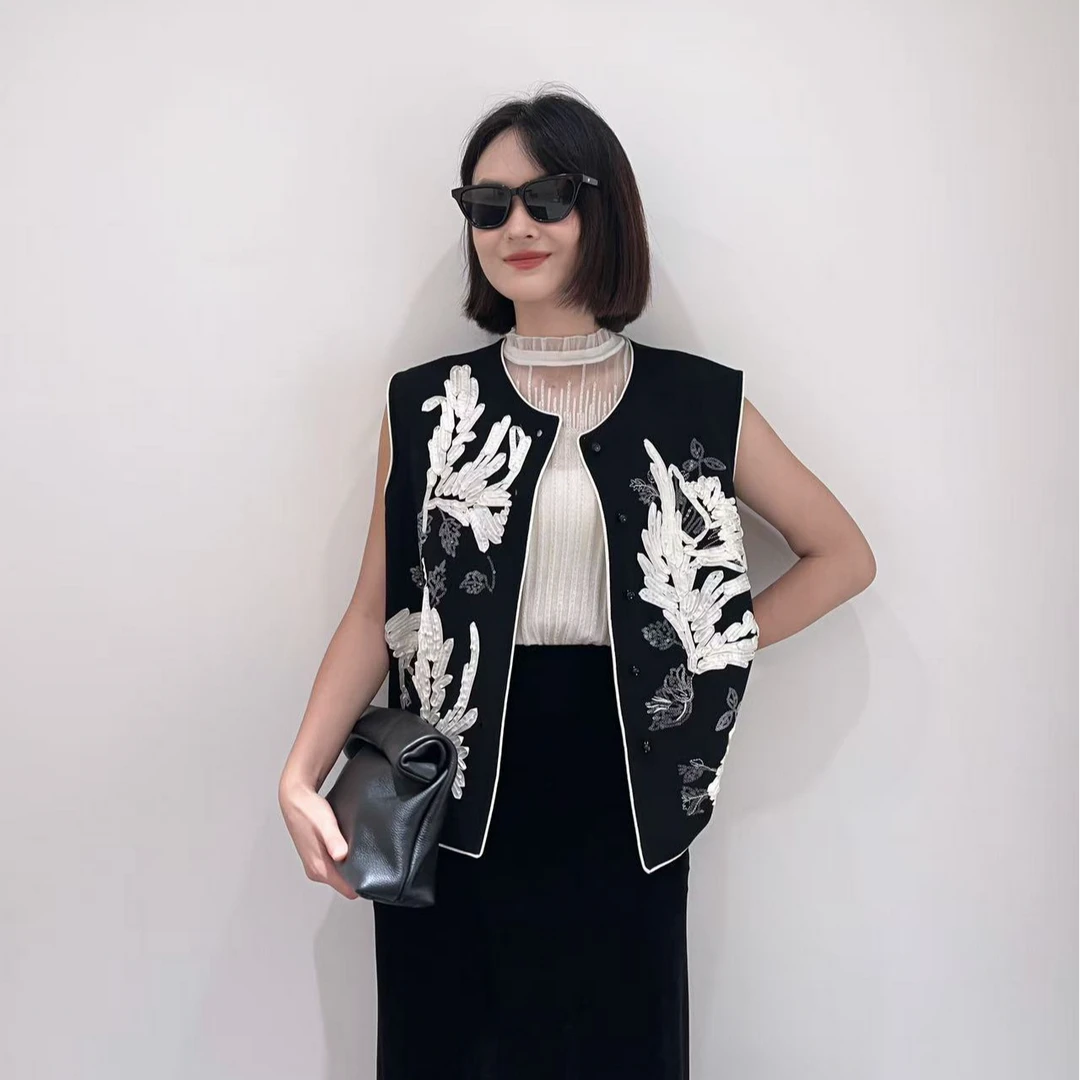 EFENGJF钉珠亮片拼接马甲外套气质新中式洋气休闲百搭马甲-81023