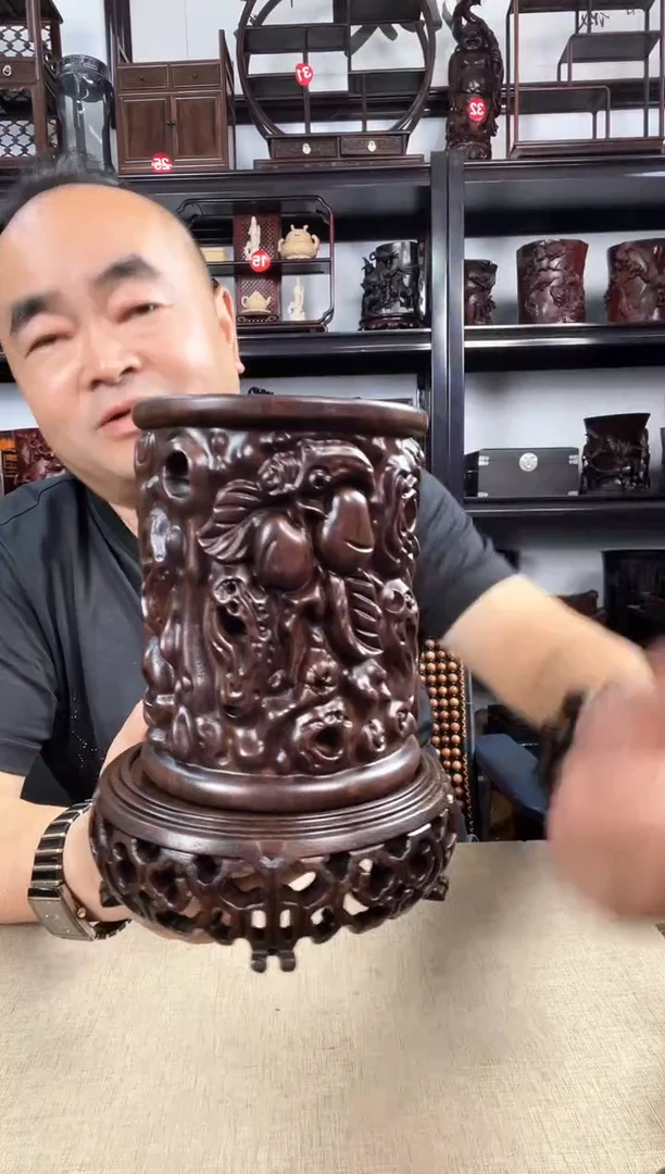 木新款3+寿桃笔筒老李红木工艺品