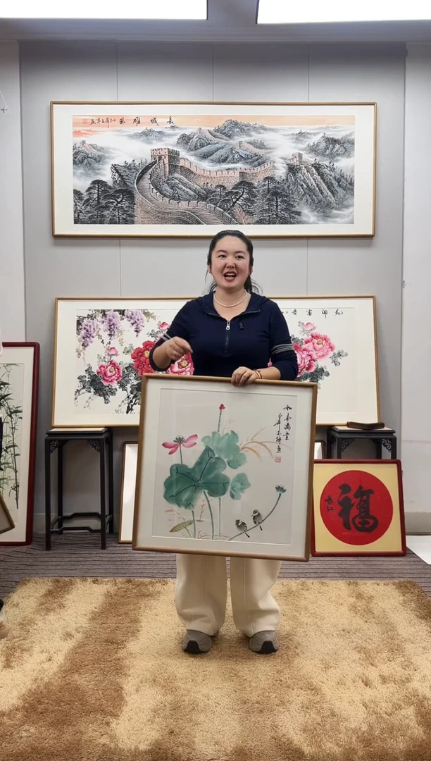 国画手绘荷花62*62尺寸