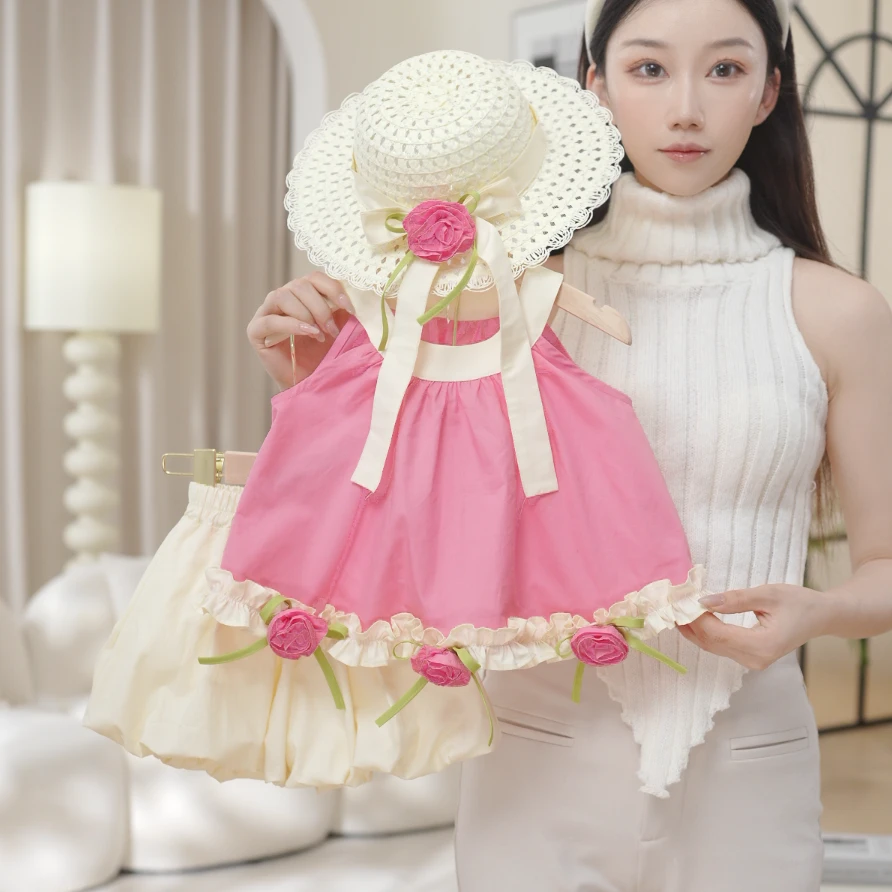 2025夏季新款高级粉女童纯色郁金香上衣百搭短裤两件套套装S17376