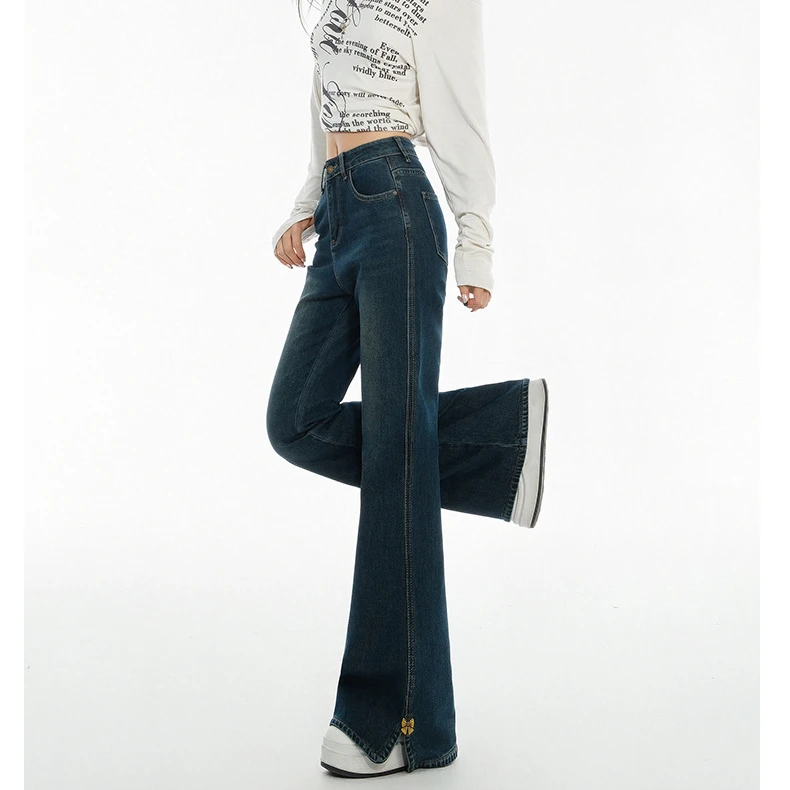 300斤大码女装复古水洗开叉牛仔裤女胖mm秋季高腰弹力显瘦喇叭裤