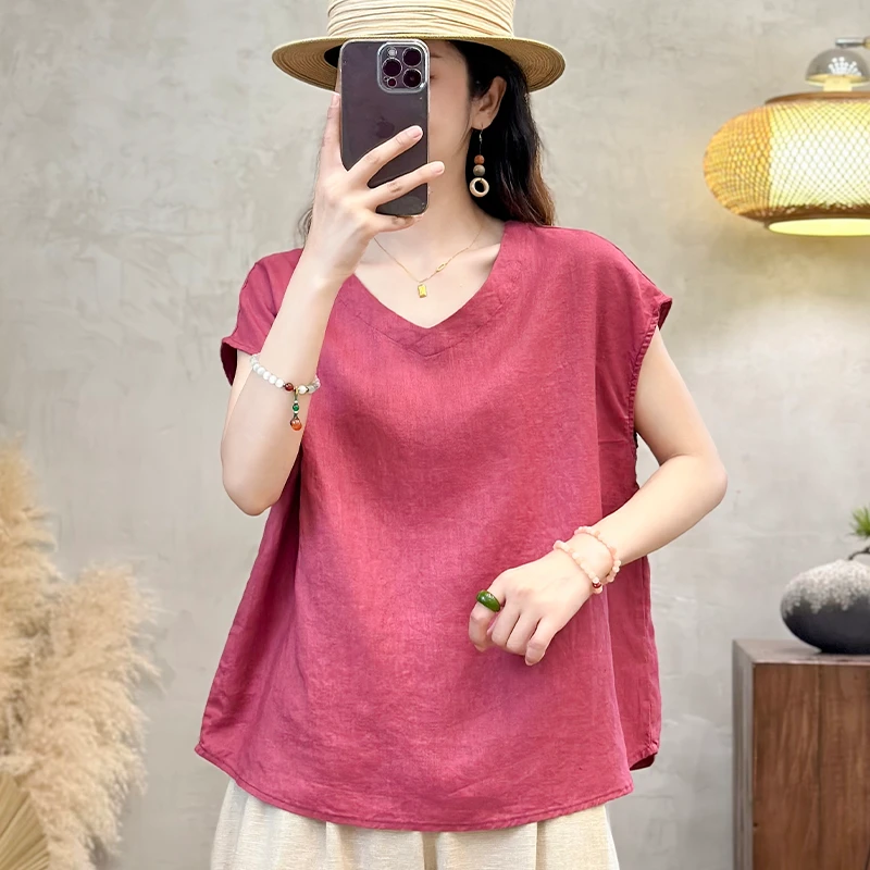 (衣兮净版文艺亚麻上衣)9067夏季新款百搭套头V领休闲纯色短袖W