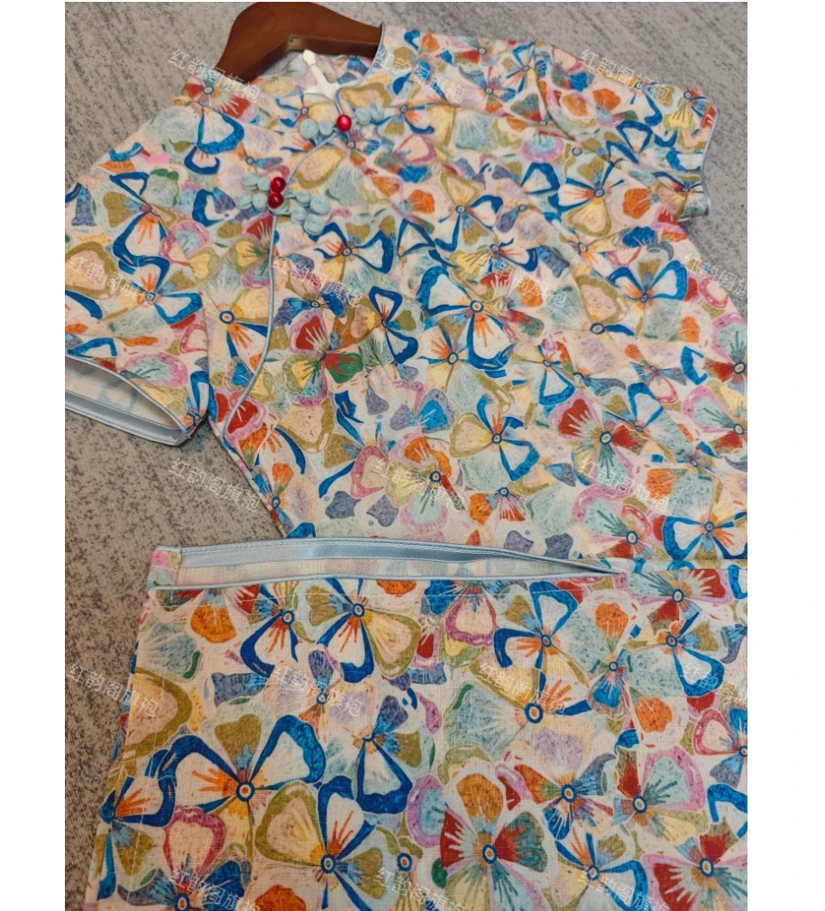 【烟花】夏季中长旗袍 印花超低领日常新中式夏款中国风薄款