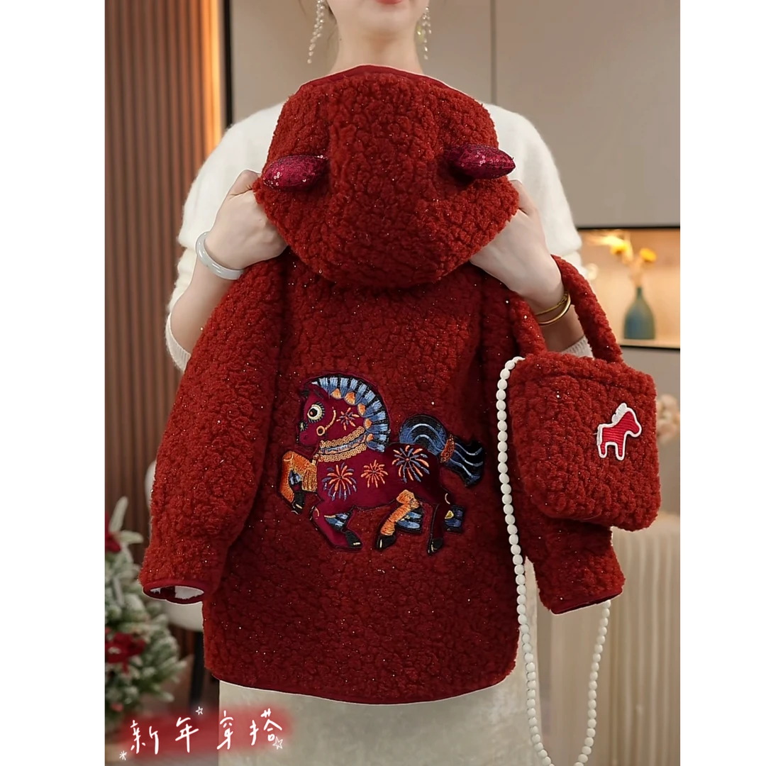 女童外套冬装2025新款大童年服过年加绒加厚中长款毛毛衣