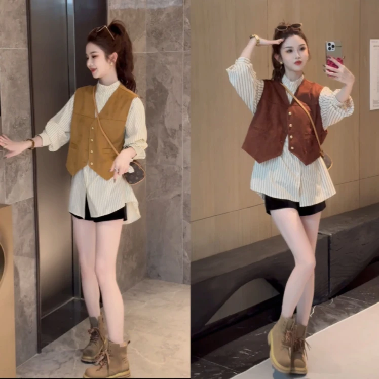 2024早秋新款复古显瘦鹿皮绒马甲+条纹衬衫两件套