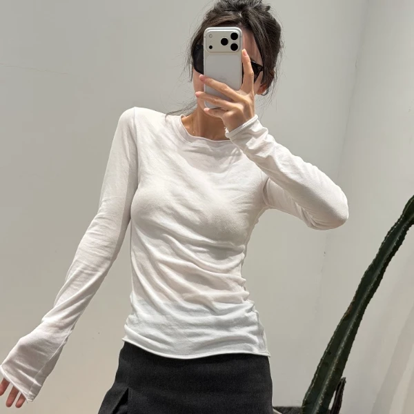 【雪儿姐姐】2025新款糖果色春秋修身显瘦百搭圆领打底女微透纯色