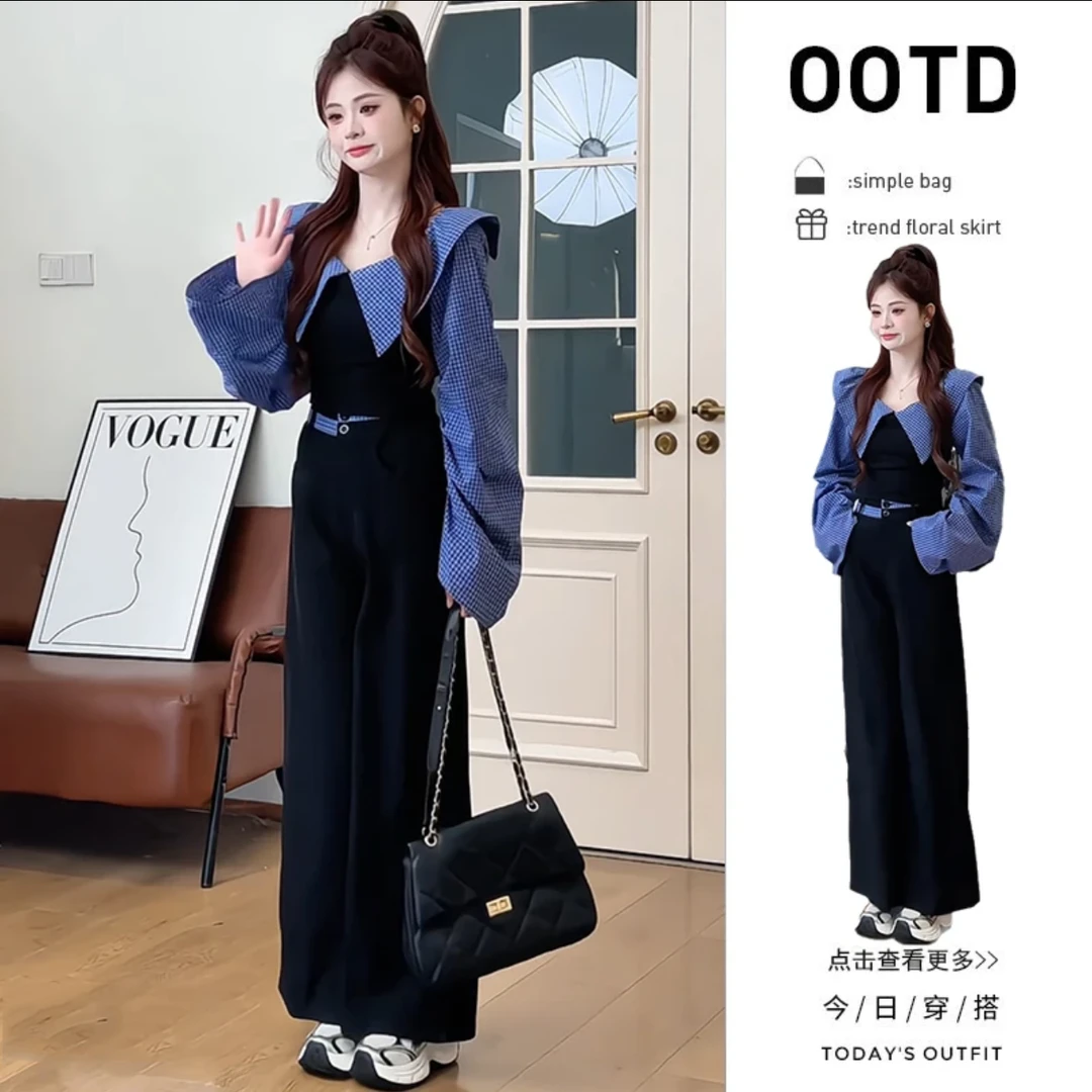 爆款女2025新款春季穿搭一整套设计感拼接露肩上衣阔腿裤两件套装