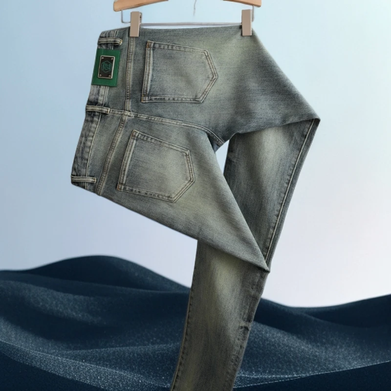 巴赛娜缇九分长裤水鬼绿牛仔裤修身小脚裤春秋季潮流弹力男士裤子