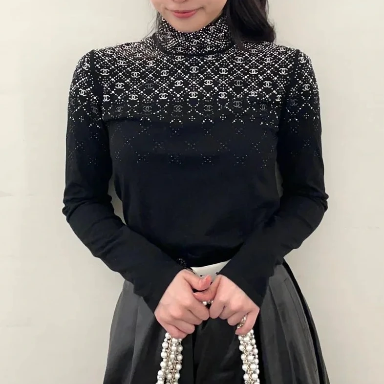 99新 Chanel/香奈儿 36码22N滑雪系列黑色水钻高领羊绒打底上衣