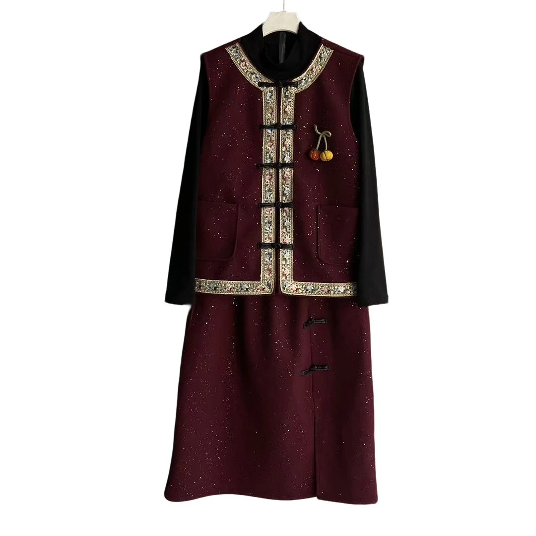 中国风时尚中式秋冬套装女士礼服套装红色长款民族服冬季唐装服装