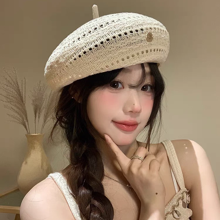 新款小香风手工贝雷帽女士复古夏季度假镂空薄款透气草编蓓蕾帽子