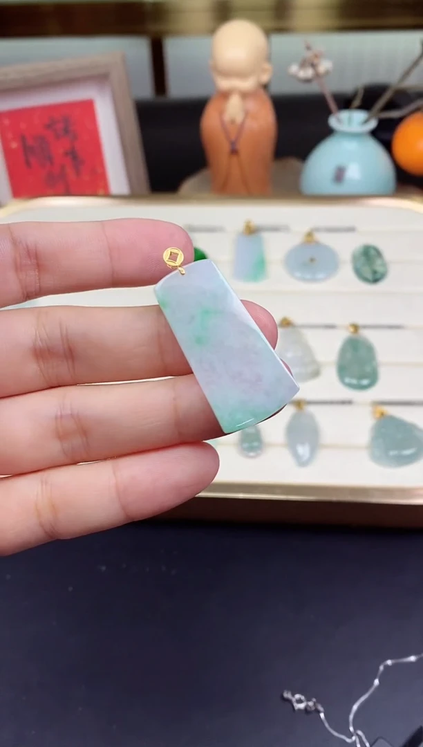 吊坠(不含链)18K金镶嵌翡翠无事牌18K金扣镶嵌@@CMT5950