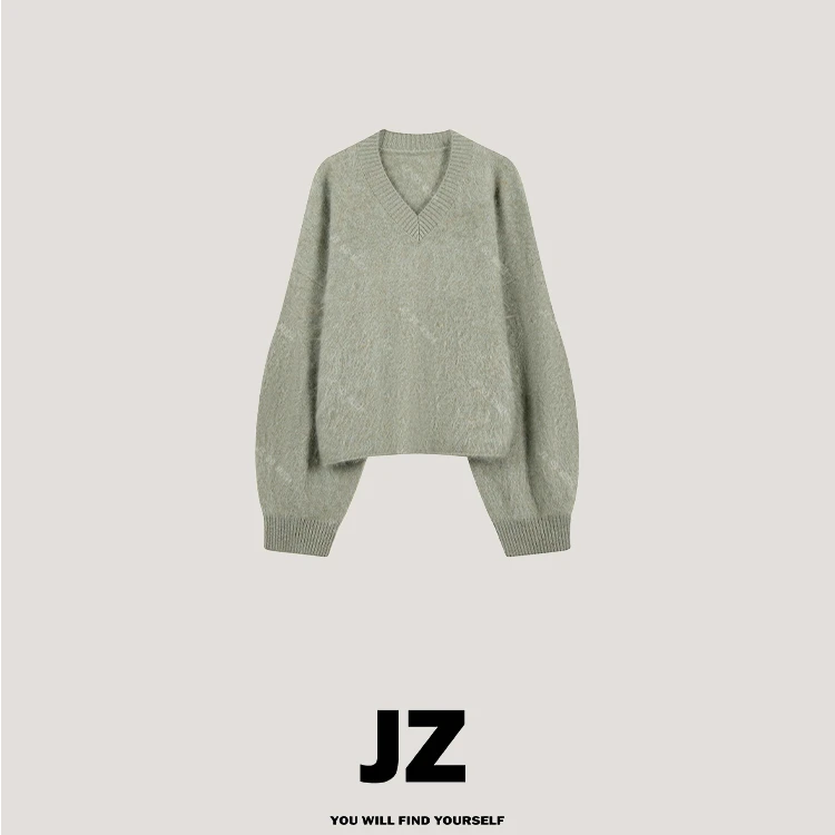 金子/JZ SO MUCH【绿巧克力】100%羊毛拉毛V领插肩袖羊毛毛衣