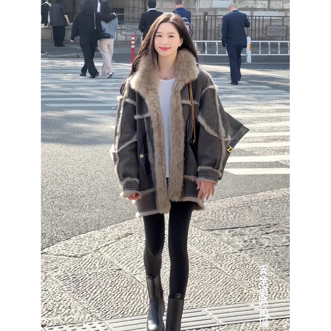 高级感皮毛一体毛呢外套女冬新款宽松加厚保暖中长款拼接毛毛大衣