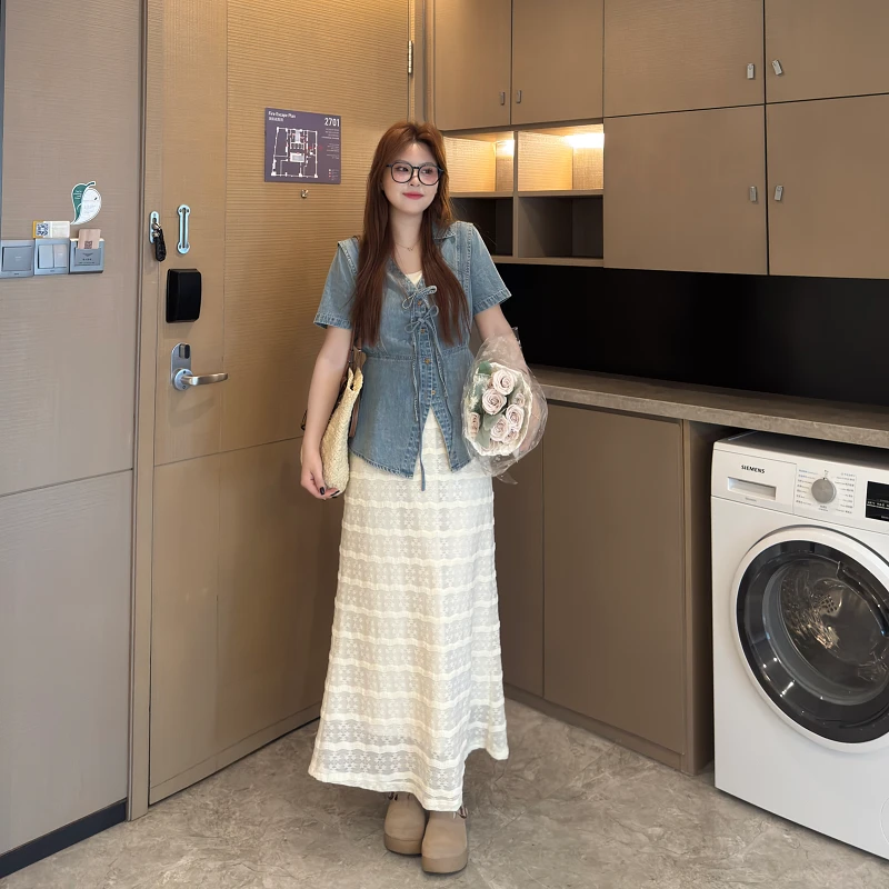 南岛风大码女装绑带衬衫牛仔短袖胖mm夏季显瘦遮肉上衣ZYY1630