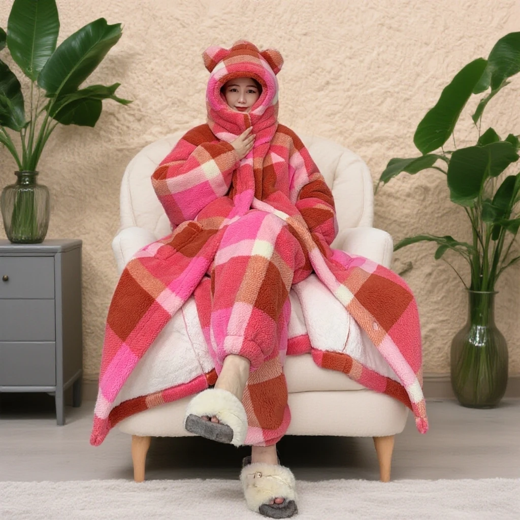 2025小火炉升级版加厚小熊新款睡袍家居服连帽宽松中长款加绒保暖