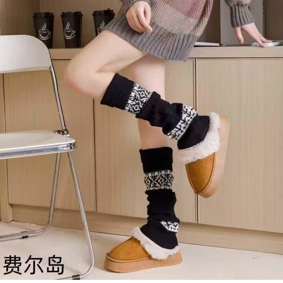 秋冬韩版加厚保暖腿套女款费尔岛系百搭堆堆袜套