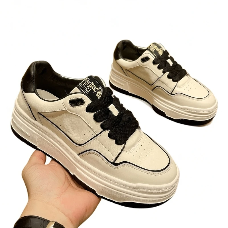 新款男士潮流爆款小白鞋时尚透气真皮厚底休闲板鞋干净感痞帅男鞋