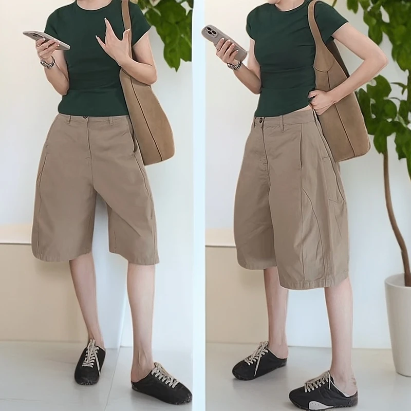 2025气质时尚休闲复古纯色基础款工装立裁休闲气球五分裤休闲裤女