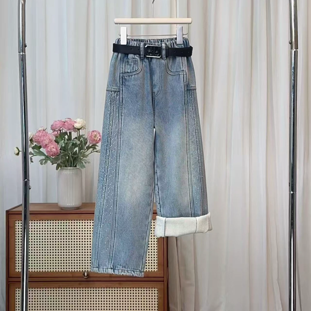 中腰牛仔裤冬季女阔腿裤直筒大码冬季加绒宽松韩版牛仔裤1