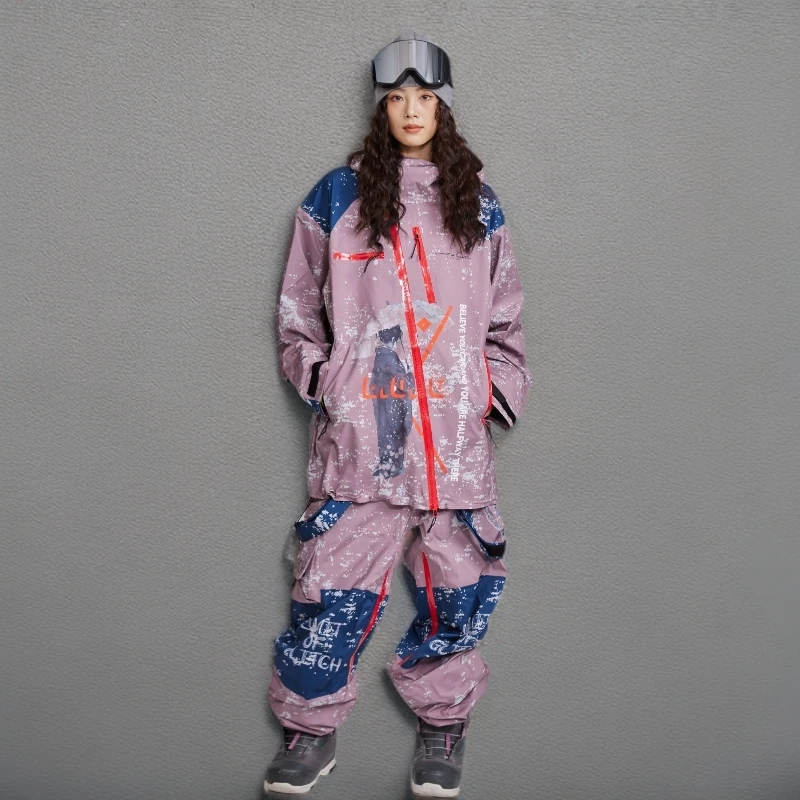 新25/26优伊YUI砂陶粉LOG滑雪服透气防风宽松拼色情侣套装