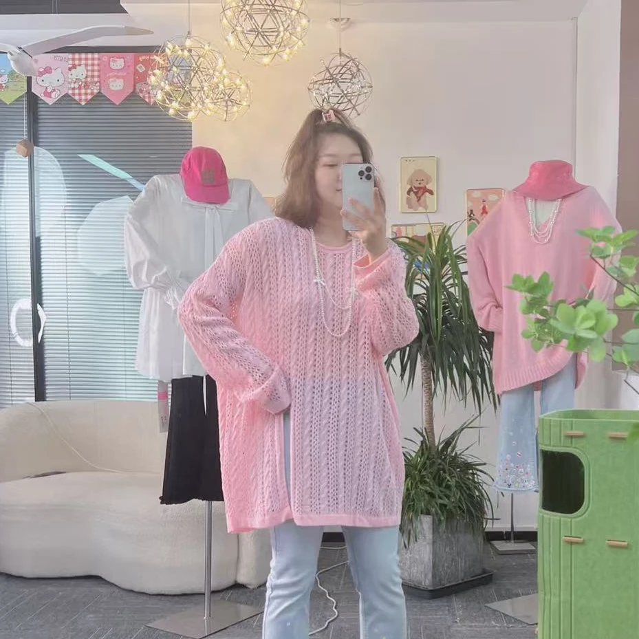 【纯熙+】早秋新款拧花镂空侧开叉毛衣针织衫女韩版微透上衣