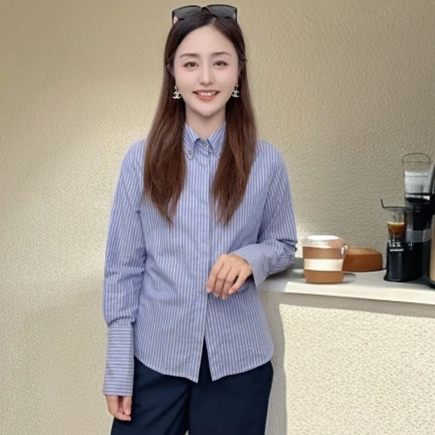 26711蓝条纹+白色正肩显瘦长袖百搭打底女衬衫