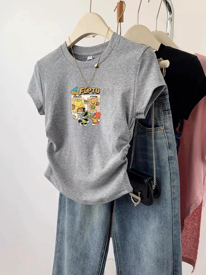 卡通印花短款短袖修身正肩棉T恤夏季新款上衣时尚休闲百搭褶皱风