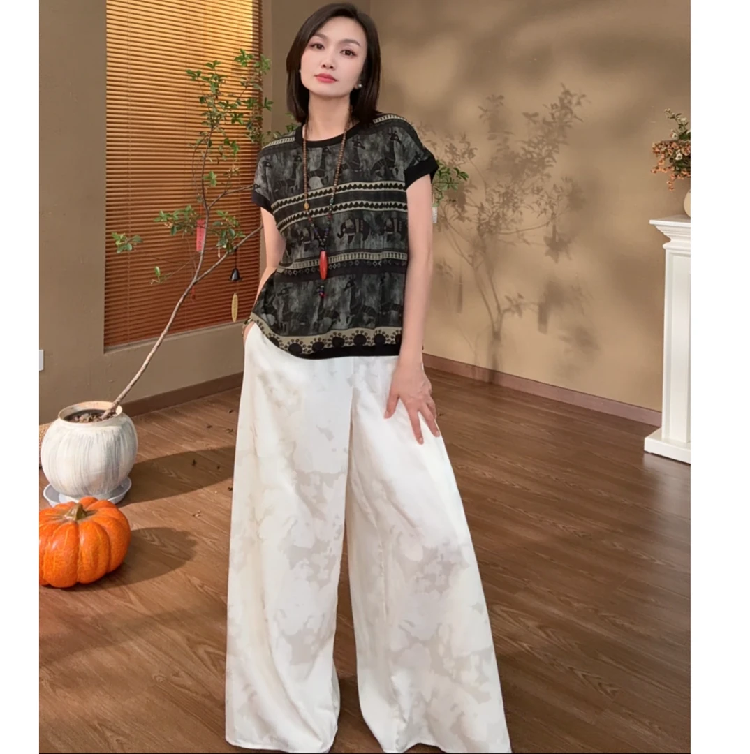 [清雅]Z129夏季新款宽松休闲短袖时尚缎面提花气质百搭打底衫