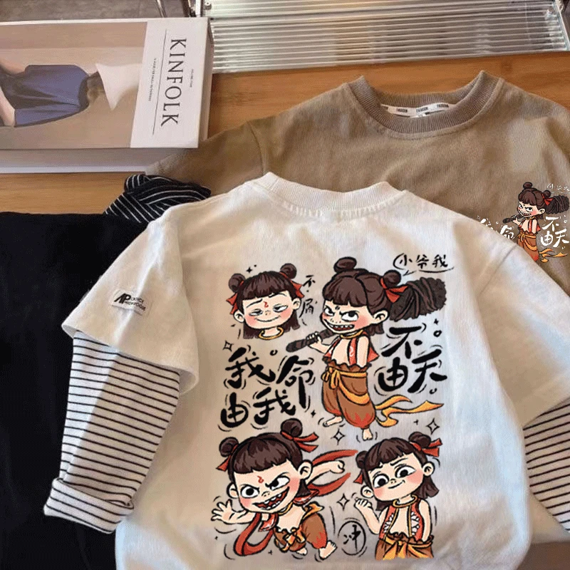 2025新款长袖假两件纯棉T恤卡通魔童哪吒百搭外穿打底上衣爆款潮t