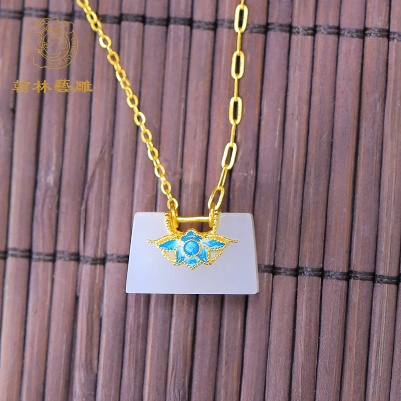 足金金镶玉古法金景泰蓝传承古韵平安锁时尚百搭和田玉吊坠
