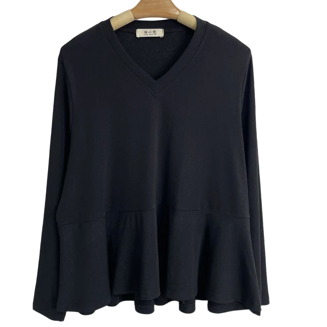 恬小霓（玲玲姐精选）2300/黑色/V领/裙摆底/上衣/休闲/百搭/时尚