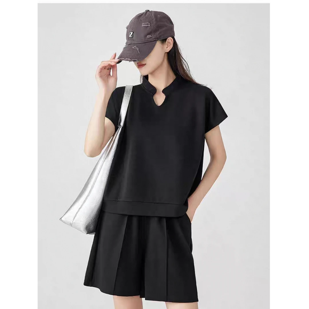 76697空气层时尚运动短袖短裤V领阔腿两件套套装