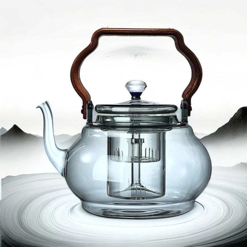 【直播】1500ml实木提梁壶金标加厚蒸煮玻璃煮茶壶大容量泡茶壶茶具