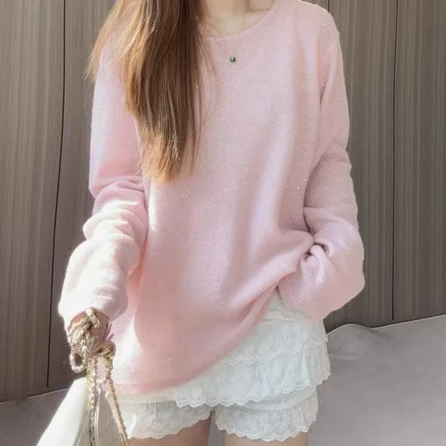 【100山羊绒】240467高端品质星空亮片款圆领羊绒衫慵懒显瘦时尚款