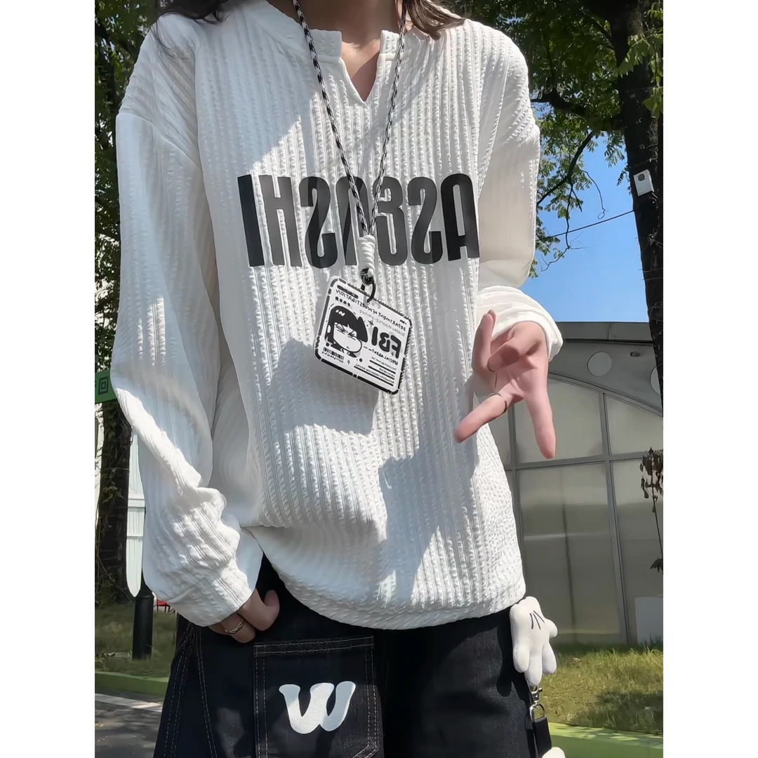 肌理感v领重磅长袖t恤男春秋美式街头潮牌痞帅宽松内搭打底衫上衣