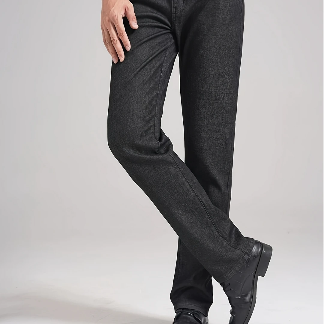 2003H厚款微弹力高腰直筒商务秋季男士黑色保暖加绒牛仔裤