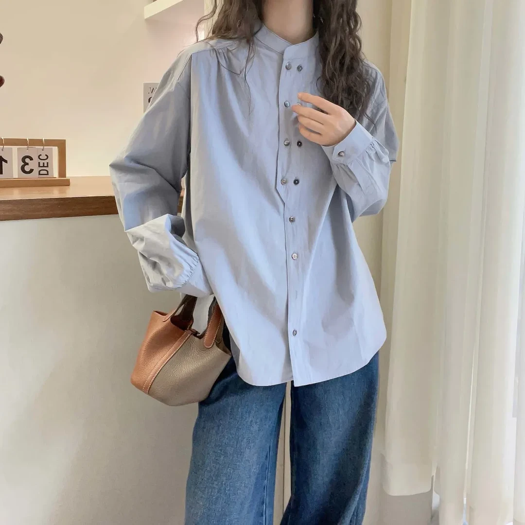 圆领双排扣长袖衬衣女2025春秋新款欧洲站通勤设计感遮肚子上衣
